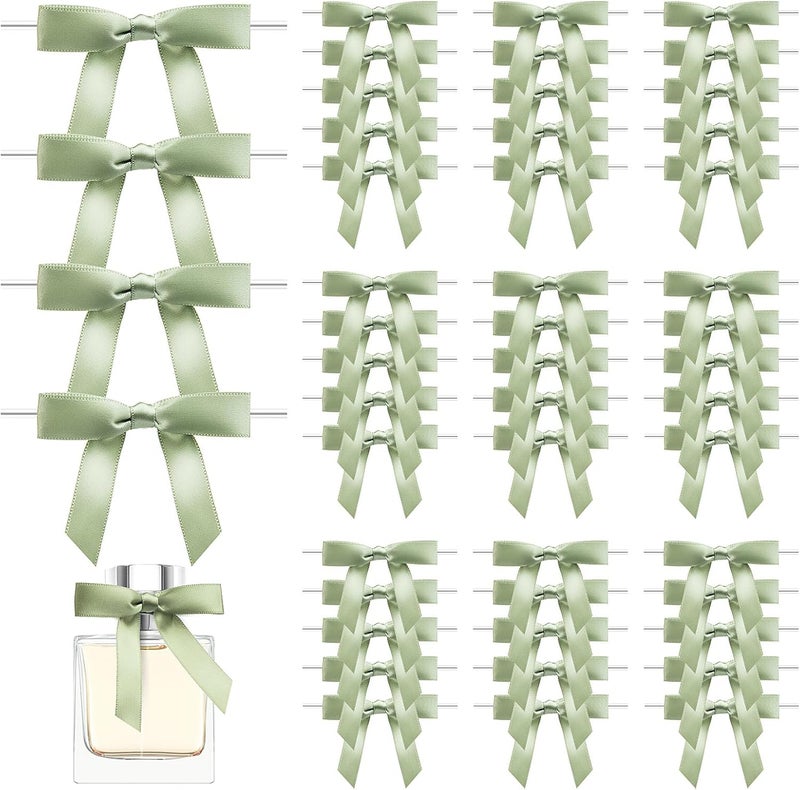 Sokfone Satin Ribbon Light Green Bow Decor 2.5" Premade Light Green Twist Tie Bows for Gift Wrapping Bow for Treat Bags Party Favors Wedding Decorations - 50 Counts - Image 1